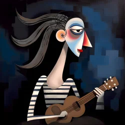 3D vrouw troubadour met haar gitaar in het nachtmaanlicht 2
