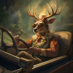 Een hert met een sigaar in zijn mond die een cabriolet bestuurt 1