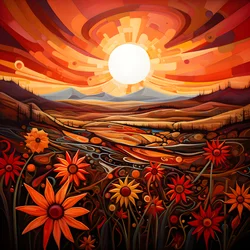 Abstract landschap met een veld wilde bloemen en een gedurfde rode zon 4