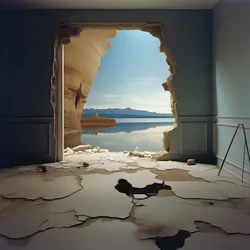 een afbeelding van een ongebruikte kamer met een enorm meer en woestijn in een grote kuil futurecore, hoog contrast chiaroscuro warme tinten 2