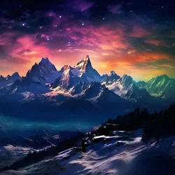 De met sneeuw bedekte toppen van de Alpen gloeien als een regenboog in de nacht 1