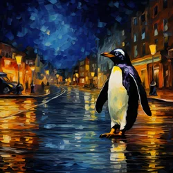 een pinguïn in een pak loopt over straat