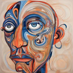 Gezicht, spiraal voor de ogen en een vogel voor de neus 1