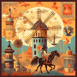 Achtergrond: Don Quichot helemaal rechts op zijn ezel, zo klein als een schaduw, voor de windmolens, een passend decor 1