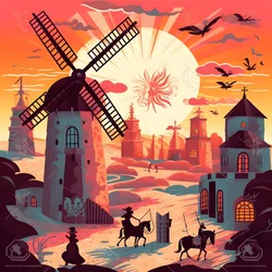 Achtergrond: Don Quichot helemaal rechts op zijn ezel, zo klein als een schaduw, voor de windmolens, een passend decor 2