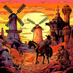 Achtergrond: Don Quichot helemaal rechts op zijn ezel, zo klein als een schaduw, voor de windmolens, een passend decor 3