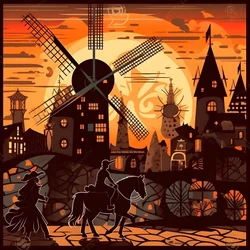 Achtergrond: Don Quichot helemaal rechts op zijn ezel, zo klein als een schaduw, voor de windmolens, een passend decor 4