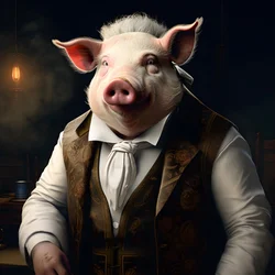 Koude en heerszuchtige antropomorfe varkensplantage-eigenaar, priemende ogen, dikke mollige lichaam, sigaar in de hand, exquise chique zuidelijke witte pak en vest, zakhorloge aan een ketting, monocle, witte vilthoed, close-up 4