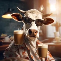 Koe met zonnebril en kijkend naar koude koffie 1