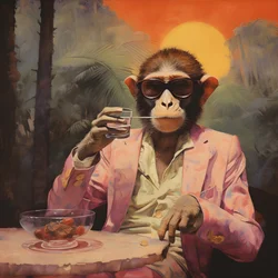 Close-up van een coole aap in een Japanse kimono, met zonnebril, in een tropisch landschap