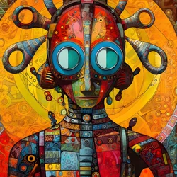 Carnaval Cajun moeras mutant sci-fi droid, in de artistieke stijl van Tim Burton en Beksinski 1