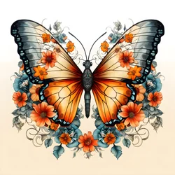 vlinder in het midden, symmetrisch, met bloemen op de achtergrond 3
