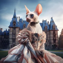 Sphynx-kat in baljurk voor de achtergrond van een prachtig paleis in middeleeuwse stijl 3