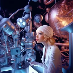 Super-resolutie elektronenmicroscoop opname van vrouw in de artistieke stijl van David LaChapelle 3