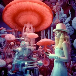 Super-resolutie elektronenmicroscoop opname van vrouw in de artistieke stijl van David LaChapelle 4