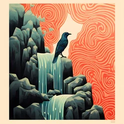 Ultra-minimalistische illustratie van een kleurrijke tropische vogel die op een vertakte plant zit voor een bergbeek met een mooie waterval 3