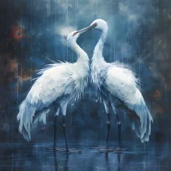 prachtig, schitterend, filmisch schilderij, twee kraanvogels kussen in de regen 3