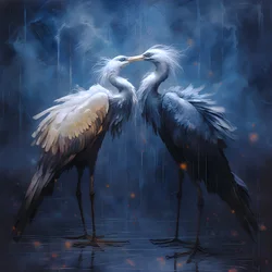 Twee kraanvogels kussen in de regen