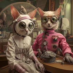 Twee antropomorfe katten, kater en kat, Kubrickian Synthetic 1