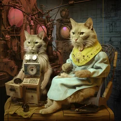 Twee antropomorfe katten, kater en kat, Kubrickian Synthetic 2