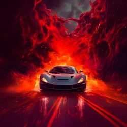 een luxe auto rijdt over een pad met gloeiend rood op de achtergrond 2