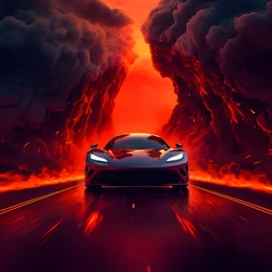 een luxe auto rijdt over een pad met gloeiend rood op de achtergrond 4