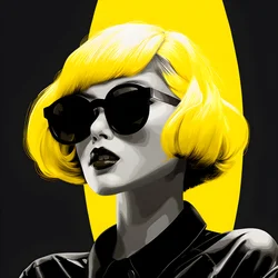 Illustratie van een meisje met een gele zonnebril, haar op haar gezicht en oren, in de stijl van de filmnoir-esthetiek 1