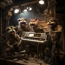 enge, harige, kapotte dierlijke animatronics die muziek uitvoeren op een podium 4