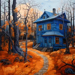 een blauw huis in een oranje bos