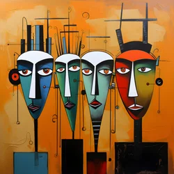 Een schilderij toont een groep van vier hoofden aan een muur 3