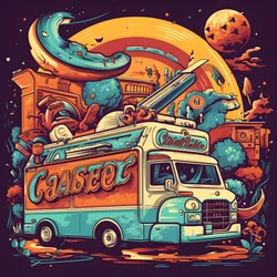 Een artistieke evenementposter voor foodtrucks in een skatepark in Noord-Californië