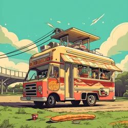 Een artistieke evenementposter voor foodtrucks in een skatepark in Noord-Californië