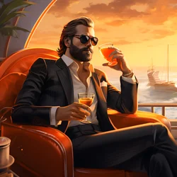 een rijke man, goed gekleed, zit op een privécruiseschip en drinkt een cocktail 4