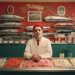 een surrealistisch beeld van een Poolse visverkoper uit de jaren 1950 1