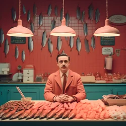 een surrealistisch beeld van een Poolse visverkoper uit de jaren 1950 2