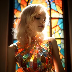 mooi blond meisje van 14 jaar draagt een kleurrijke tiffany-glas-in-lood jurk