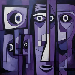 Paarse en grijze geometrische schilderij met paars oog 4