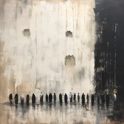 Zwart-wit geklede mensen die met hun gezicht naar de muur bidden 4