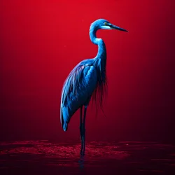 synthwave digitale kunst van een exotische kobaltblauwe reiger op rood papier 1