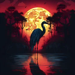 water en een grote vogel staand in de avond bij volle maan 2