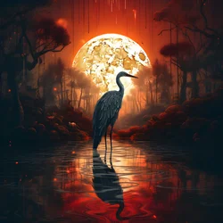 water en een grote vogel staand in de avond bij volle maan 3