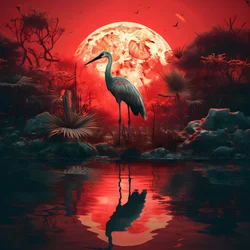 water en een grote vogel staand in de avond bij volle maan 4