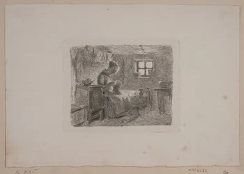 Boerenhuis met een breiende vrouw