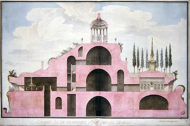 Doorsnede van een project voor een kunstmatige berg ter ere van het Festival van de Rede in een openbaar park in Bordeaux