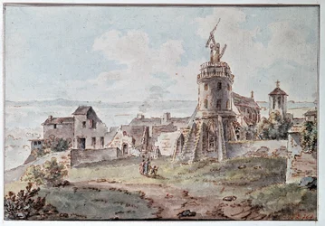 Een Chappe telegraaf bovenop een toren, door Goblain, eind 18e eeuw