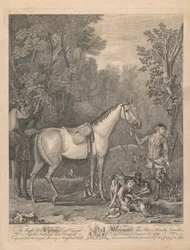 Een set van zeven, ongetiteld, elk opgedragen: Aan de Eerwaarde Thomas Lord Viscount Weymouth...van het originele schilderij in Long Leat Hall. [Twee ruiters bij een boerderij vragen de weg aan een boer; een put links, met een paar vossenjacht honden...]