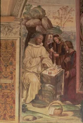 St. Benedictus tegen een landschap, uit het leven van St. Benedictus (detail)