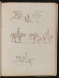 Zes studies van paarden met verschillende mannelijke ruiters in verschillende houdingen, een met opgeheven pistool (pen en inkt)