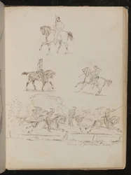 Studies van soldaten te paard, de groepsscène is voorzien van opschrift 