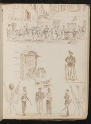 Een stadstafereel met drinkende soldaten, studie van een marktkraam, studie van een Piëmontese nationale gardist, studie van vier soldaten en gekruiste vlaggen